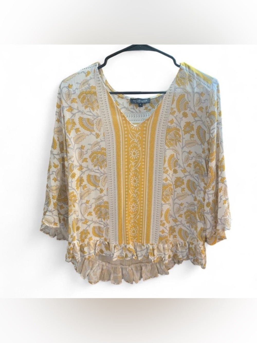 Rachel Zoe Boho Floral Ruffle Tunic Blouse Yellow White Size S EUC